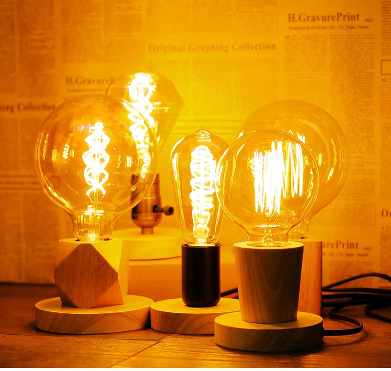 Vintage Timber Glow: Retro Art Desk Lamp Industrial Wood Base | E27 Edison Table Light